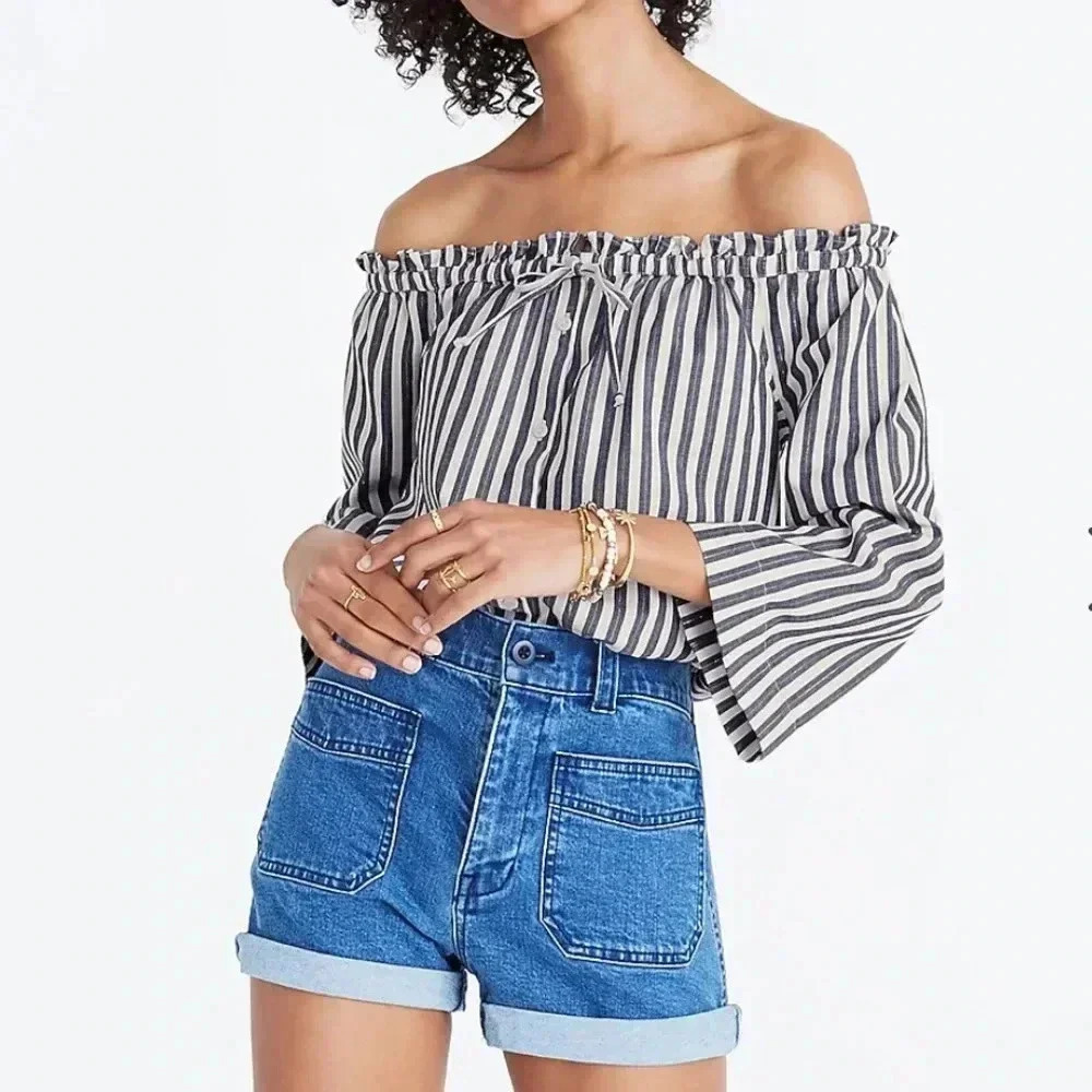 MADEWELL Shimmer Stripe Off-the-Shoulder Top Size Medium - Picture 2 of 9